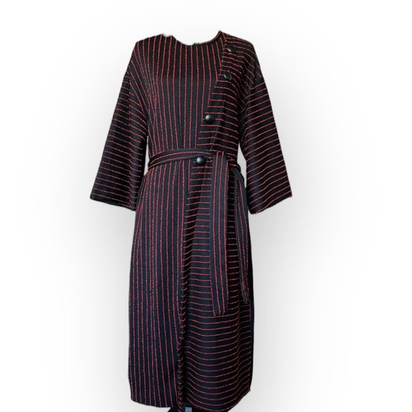 Zara Women’s Striped Jacquard Button Detail Midi Dress Red Black Size S - Picture 3 of 11